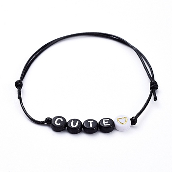 Adjustable Waxed Polyester Cord Beaded Bracelets, with Flat Round Acrylic Beads, Word Cute, Black, Inner Diameter: 2-1/8 inch~3-7/8 inch(5.5~10cm)