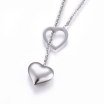 304 Stainless Steel Lariat Necklaces, with Lobster Claw Clasps, Heart, Stainless Steel Color, 17.3 inch(44cm), 1.5mm