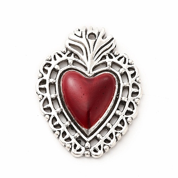 Alloy Enamel Pendants, Antique Silver, Sacred Heart Charm, FireBrick, 29x22.5x4.5mm, Hole: 1.5mm