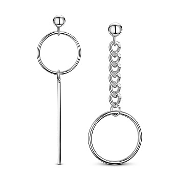 SHEGRACE Stylish Rhodium Plated 925 Sterling Silver Stud Earrings, Asymmetrical Earrings, with Rings, Bar and Chain, Platinum, 40mm