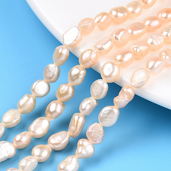 Natural Cultured Freshwater Pearl Beads Strands, Baroque Pearls Keshi Pearl Beads, Two Sides Polished, PeachPuff, 5.5~10x5~6x2.5~5mm, Hole: 0.6mm, about 49~51pcs/strand, 14.17~14.37 inch(36~36.5cm)
