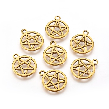 Tibetan Style Alloy Flat Round with Star Charms, Wicca Charms, Pentacle, Cadmium Free & Lead Free, Antique Golden, 20.5x16.9x1.7mm, Hole: 2.2mm