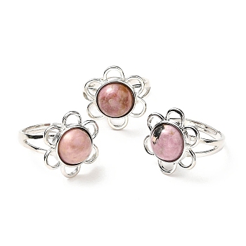 Natural Rhodochrosite Adjustable Rings, Platinum Tone Flower Brass Rings for Women, Cadmium Free & Lead Free, US Size 7 3/4(17.9mm), 3~7mm