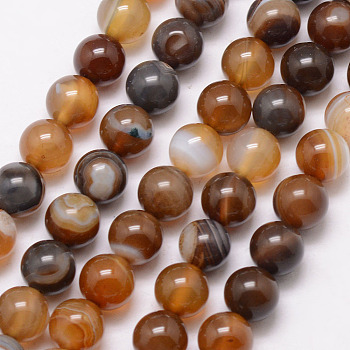 Natural Striped Agate/Banded Agate Bead Strands, Round, Dyed & Heated, Saddle Brown, 8mm, Hole: 1mm, about 47pcs/strand, 15 inch
