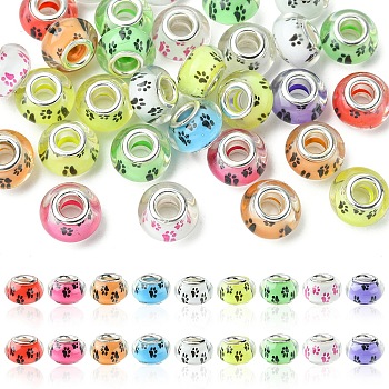 30Pcs Large Hole Dog Paw Prints Pattern Resin European Beads, with Silver Color Plated Brass Double Cores, Rondelle, Mixed Color, 14x9~10mm, Hole: 5mm