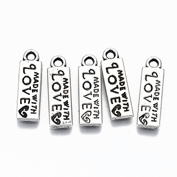 Tibetan Style Alloy Pendants, Rectangle with Word Made with Love & Heart Shape, Cadmium Free & Lead Free, Antique Silver, 18x5x1mm, Hole: 1.6mm, about 1700pcs/1000g