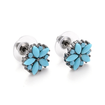 Bohemian Synthetic Turquoise Flower Stud Earrings, Alloy Jewelry for Women, Gunmetal, Turquoise, 11x11x2.5mm, Pin: 0.6mm