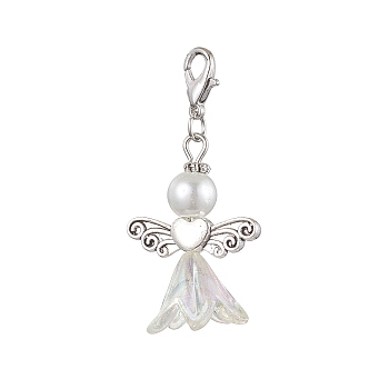 Wedding Season Angel Glass Pearl & Acrylic Pendant Decorations, Zinc Alloy Lobster Claw Clasps Charms for Bag Key Chain Ornaments, White, 45mm, Pendant: 31x23.5x16mm