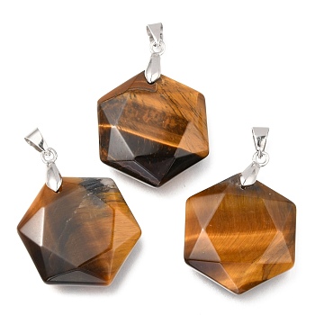 Faceted Natural Tiger Eye Pendants, with Platinum Tone Brass Findings, Hexagon, 28x25x9mm, Hole: 4x5mm