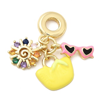 Brass Pave Colorful Cubic Zirconia European Dangle Charms, Handbag Heart Glasses Sun Large Hole Pendants, with Enamel, Cadmium Free & Lead Free, Rack Plating, Long-Lasting Plated, Real 18K Gold Plated, 29.5mm, Hole: 5mm