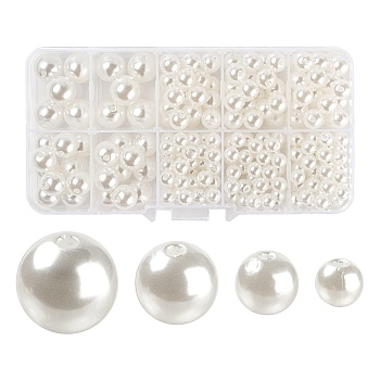 255Pcs 4 Sizes ABS Plastic Imitation Pearl Round Beads, White, 6~12mm, Hole: 1~2mm
