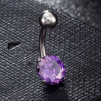 Piercing Jewelry, Brass Cubic Zirconia Navel Ring, Belly Rings, with 304 Stainless Steel Bar, Lead Free & Cadmium Free, Flat Round, Platinum, Purple, 19x8mm, Bar: 15 Gauge(1.5mm), Bar Length: 3/8"(10mm)