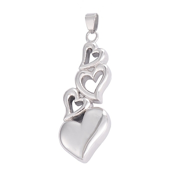 Openable Stainless Steel Memorial Urn Ashes Bottle Pendants, Heart, Stainless Steel Color, 32x13mm