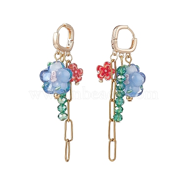 Lampwork Flower & Glass & Chain Tassel Long Dangle Hoop Earrings(EJEW-TA00138)-3
