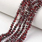 Electroplate Transparent Glass Beads Strands, Half Black Plated, Faceted, Rondelle, Dark Red, 8x6mm, Hole: 1mm, about 65~68pcs/strand, 15.7~16.1 inch(40~41cm)(X-EGLA-A034-T8mm-P06)