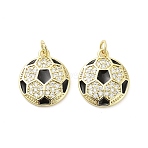 Brass Micro Pave Cubic Zirconia Pendants, Enamel Style, Flat Round, Golden, with Jump Ring, Football, 18.5x16x2.5mm, Hole: 3mm(ZIRC-P124-01B-G)