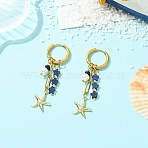 Star 304 Stainless Steel Hoop Earrings, with Brass Earring Findings & Natural Malaysia Jade & Shell Pearl, Starfish, 60.5x15.5mm(EJEW-JE07005-01)