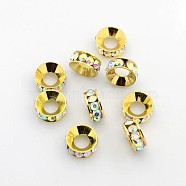 Grade A Brass Rhinestone Beads, Basketball Wives Spacer Beads for Jewelry Making, Rondelle, Golden, Clear AB, 10x4mm, Hole: 5mm(RB-H062-12)
