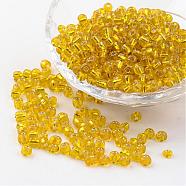 6/0 Round Silver Lined Round Hole Glass Seed Beads, Yellow, 4mm, Hole: 1.5mm, about 496pcs/50g(X-SEED-A005-4mm-30)