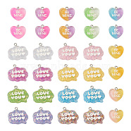 30Pcs 15 Styles Transparent Resin Pendants, Valentine's Day Charm, with Sequins & Glitter Powder & Platinum Tone Iron Findings, Heart & Cloud with Word, Mixed Color, 18~23x19~26x4.5~7mm, Hole: 2mm, 2pcs/style(RESI-CW0001-21)