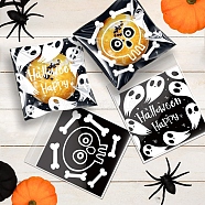 Halloween Theme Plastic Bakeware Bag, with Self-adhesive, for Chocolate, Candy, Cookies, Square with Skull & Ghost, Black, 130x100x0.05mm, Inner Diameter: 100x100mm, 2 styles, 50pcs/style, 100pcs/bag(ABAG-F007-01B)