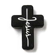 Cross with Word Jesus Silicone Focal Beads, Chewing Beads For Teethers, DIY Nursing Necklaces Making, Black, 30x22x8mm, Hole: 2mm(SIL-G006-01A)