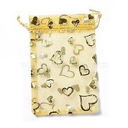 Organza Drawstring Jewelry Pouches, Wedding Party Gift Bags, Rectangle with Gold Stamping Heart Pattern, Champagne Yellow, 15x10x0.11cm(OP-I001-B03)