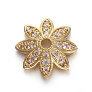 Brass Micro Pave Cubic Zirconia Bead Cap, 8-Petal, Flower, Clear, Golden, 12x12x4mm, Hole: 1.8mm(ZIRC-E158-12G)