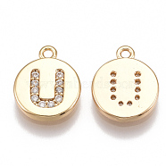 Brass Cubic Zirconia Charms, Flat Round with Letter, Real 18K Gold Plated, Clear, Letter.U, 12x10x2mm, Hole: 1mm(X-KK-T038-194G-U)