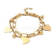 Leaf and Round Ball Charm Multi-strand Bracelet, Vacuum Plating 304 Stainless Steel Double Layered Chains Bracelet for Women, Golden, 7-1/2 inch(19cm)(BJEW-G639-22G)