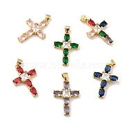 Rack Plating Brass Micro Pave Cubic Zirconia Pendants, Long-Lasting Plated, Lead Free & Cadmium Free, Cross, Real 18K Gold Plated, Religion, Mixed Color, 26.5x18x4mm, Hole: 3.5x4mm(ZIRC-F129-30-G)