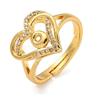 Heart with Letter Rack Plating Brass Micro Pave Clear Cubic Zirconia Adjustable Rings for Women, Lead Free & Cadmium Free, Real 18K Gold Plated, Letter O, Inner Diameter: 16mm(RJEW-I105-01G-O)