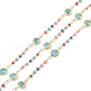 Brass Link Chains, with Enamel Beaded and Glass, Real 18K Gold Plated, Soldered, with Spools, Long-Lasting Plated, Cadmium Free & Lead Free, Cyan, 12x6.5x2.5mm(CHC-C003-03G-02)