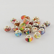 Large Hole Resin European Beads, with Silver Color Plated Brass Double Cores, Rondelle, Mixed Color, 14x9mm, Hole: 5mm(OPDL-R114-M2)