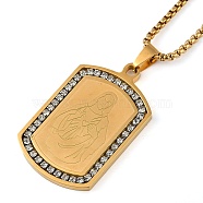 304 Stainless Steel Micro Pave Clear Cubic Zirconia Virgin Mary Rectangle Pendant Necklaces, Real 18K Gold Plated, 23.62 inch(60cm)(NJEW-D089-07G)