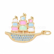 Rack Plating Brass Micro Pave Cubic Zirconia Pendants, with Enamel and Jump Rings, Cadmium Free & Lead Free & Nickle Free, Ship, Real 18K Gold Plated, Colorful, 24x18x3mm, Hole: 3.6mm(KK-I689-06G-01)