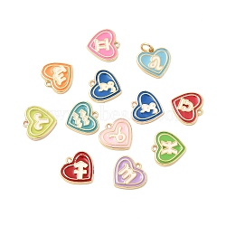 12Pcs Brass Enamel Pendants, Heart with Twelve Constellations Charms, Golden, Mixed Color, 12.5x13x2mm, Hole: 1.2mm(KK-H252-03G)