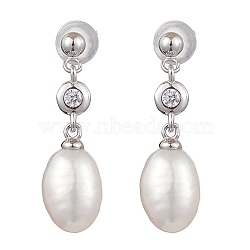 Natural Pearl Ear Studs, with Sterling Silver Micro Pave Clear Cubic Zirconia Findings, Oval, Platinum, 22x7mm(EJEW-P286-03P)