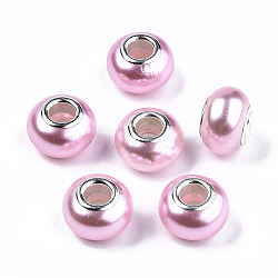 Imitation Pearl Style Resin European Beads, Large Hole Rondelle Beads, with Silver Tone Brass Double Cores, Pearl Pink, 14x9mm, Hole: 5mm(RPDL-T003-001H)