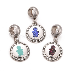 304 Stainless Steel Crystal Rhinestone European Dangle Charms, Large Hole Pendants, with Enamel and Fluorescence Slice, Stainless Steel Color, Flat Round with Boy, Mixed Color, 24mm, Hole: 4.5mm(STAS-F278-03P)