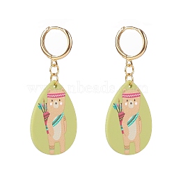 (Jewelry Parties Factory Sale)Brass Huggie Hoop Earring, with Acrylic Pendants, Teardrop with Bear Pattern, Yellow Green, 52mm, Pin: 1mm(EJEW-JE04484-06)