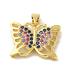 Brass Micro Pave Colorful Cubic Zirconia Pendants, Butterfly Charms, Real 18K Gold Plated, 17x22x3.5mm, Hole: 5x3.5mm(KK-Z042-07G)