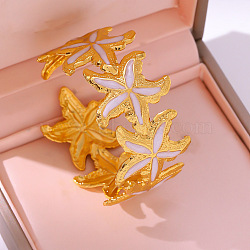 304 Stainless Steel Enamel Cuff Bangles for Women, Stacked Starfish, Golden, White, Inner Diameter: 2.36 inch(6cm)(WGC666F-01)