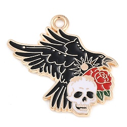 Alloy Pendants, with Enamel, Light Gold, Skull with Raven, 24.5x27.5x1.5mm, Hole: 2mm(ENAM-R004-03KCG-05)