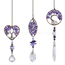 Glass Pendant Decorations, Natural Amethyst Chips Flat Round/Leaf/Heart Tree of Life Hanging Suncatchers, with Metal Findings, for Home, Car Interior Ornaments, 330~390x28~50mm, 3pcs/set(TREE-PW0003-07H)