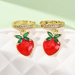 Brass Micro Pave Clear Cubic Zirconia Cuff Earrings, with Enamel, Strawberry, Cadmium Free & Lead Free, Long-Lasting Plated, Rack Plating, Real 18K Gold Plated, 18x13.5mm(EJEW-Z164-25G)