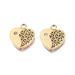 Ion Plating(IP) 304 Stainless Steel Charms, Manual Polishing, with Crystal Rhinestone, Heart, Golden, 12.5x11x1.5mm, Hole: 1.8mm(STAS-L245-003G)