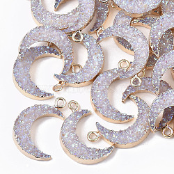 Druzy Resin Pendants, with Edge Light Gold Plated Iron Loops, AB Color Plated, Moon, Gainsboro, 23~24x15.5x5mm, Hole: 1.8mm(X-RESI-S383-009-A03)