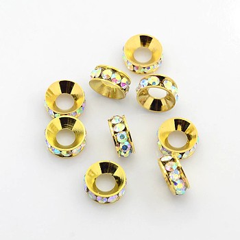 Grade A Brass Rhinestone Beads, Basketball Wives Spacer Beads for Jewelry Making, Rondelle, Golden, Clear AB, 10x4mm, Hole: 5mm