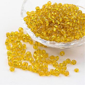 6/0 Round Silver Lined Round Hole Glass Seed Beads, Yellow, 4mm, Hole: 1.5mm, about 496pcs/50g